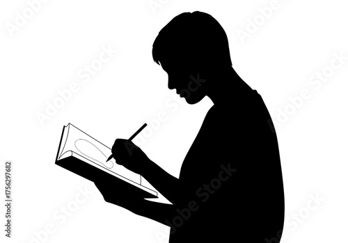 Creative individual drawing or writing in a sketchbook vector silhouette illustration isolated on a white background