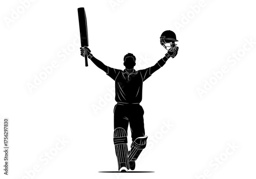 Cricket player silhouette vector graphic celebrating triumphant victory with bat and helmet raised in triumph on white background