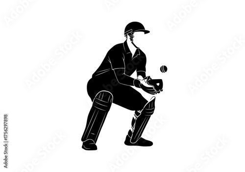 Cricket wicket-keeper vector silhouette in an athletic catching stance with a ball in play