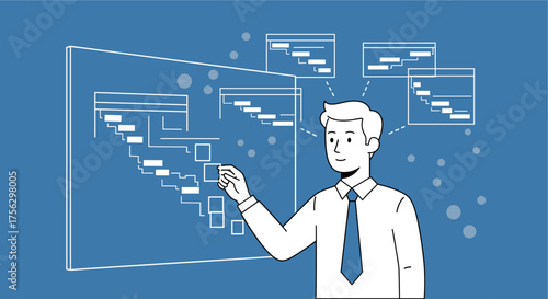 A businessman analyzes project timelines, visualizing workflow and potential issues, possibly facing stress related to deadlines and workplace demands.