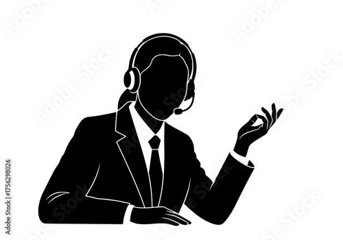 Customer service representative vector silhouette wearing a headset at a desk providing professional support and assistance