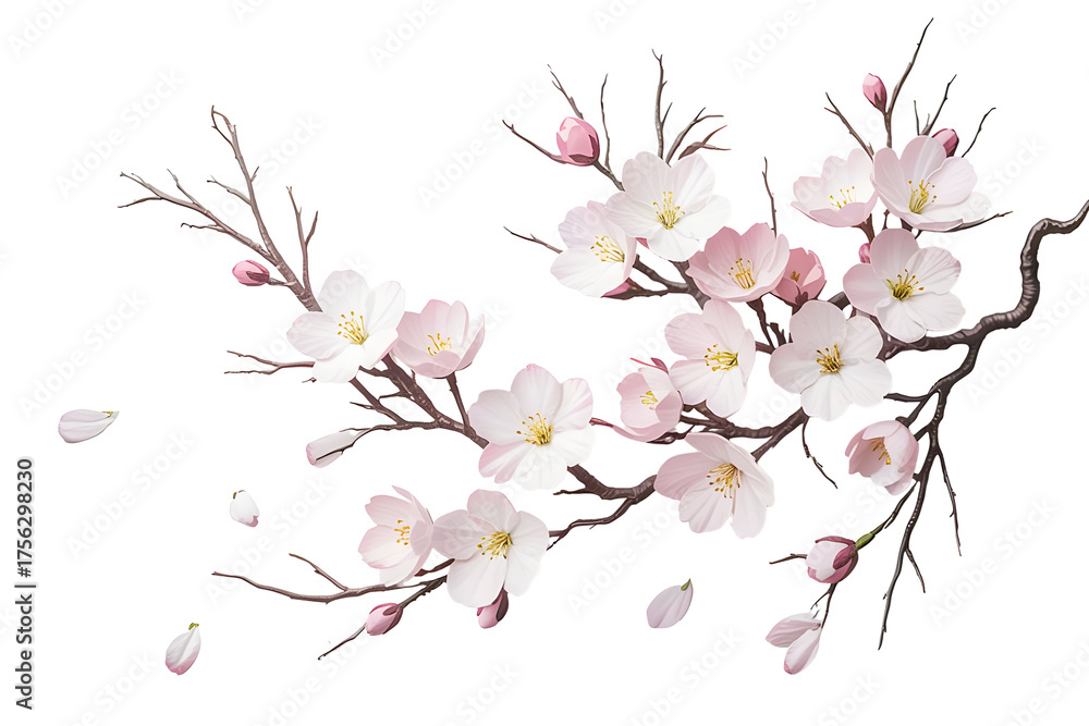 Fototapeta premium Elegant blooming cherry blossom branch displaying delicate pink and white flowers for spring and nature designs.