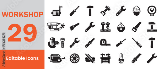 Collection of 29 editable workshop and tool icons for construction and repair projects