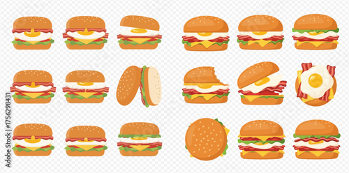 Collection of cartoon burgers with various toppings, including eggs, cheese, and lettuce.