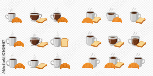 Rows of coffee cups with pastries and toast.