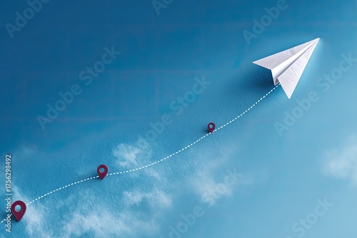 A paper airplane flies along a dotted path over blue, with pins marking destinations