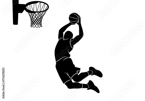 Dynamic basketball player vector silhouette performing a powerful slam dunk into a hoop against a clean white background