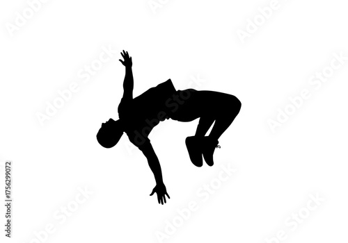 Dynamic male athlete silhouette vector performing an acrobatic backflip or somersault isolated on a clean white background