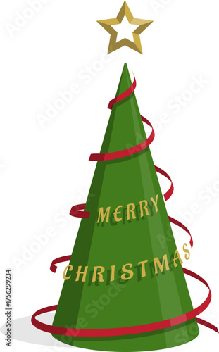 Green Cone Christmas Tree with Red Ribbon Text