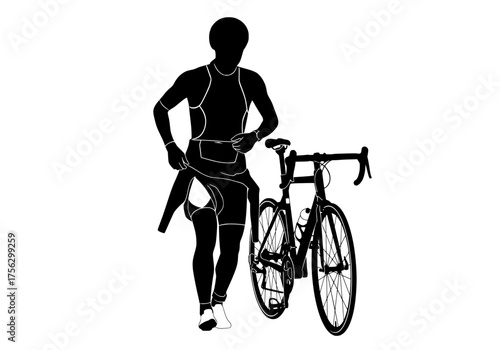 Dynamic triathlete preparing for a swimming segment in a wetsuit next to a road bicycle vector silhouette graphic illustration