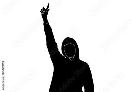 Dynamic vector silhouette of a person in a hoodie raising an arm and pointing a finger upwards expressing direction or success