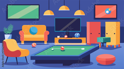 A game room with ping pong and pool tables bean bag chairs and a large flat screen TV for downtime activities.