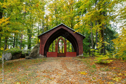 The unique wooden pseudo-Gothic forest chapel of the Holy Cross from 1835 is one of the romantic gems of the extensive English park at Kynzvart Castle - Lazne Kynzvart - Czech Republic