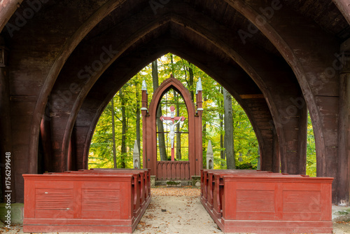 The unique wooden pseudo-Gothic forest chapel of the Holy Cross from 1835 is one of the romantic gems of the extensive English park at Kynzvart Castle - Lazne Kynzvart - Czech Republic