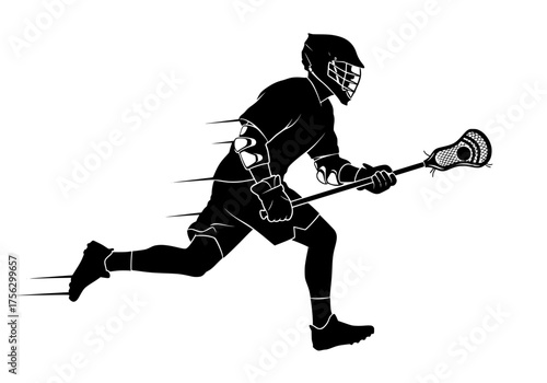 Dynamic vector silhouette of a running lacrosse player with stick and helmet creating motion speed lines