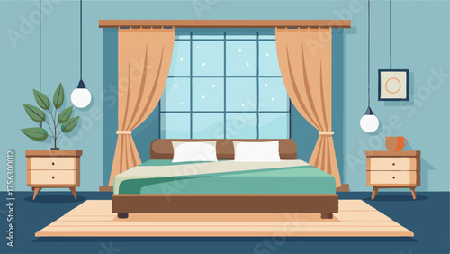 A calming bedroom with a wall of windows curtains and a low platform bed with a woven headboard.