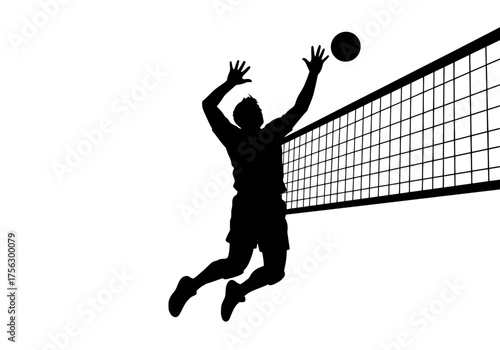 Dynamic volleyball player silhouette vector jumping high to spike the ball over the net during a competitive match