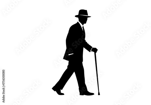 Elegant gentleman walking with a cane and fedora hat a classic vector silhouette design on white background