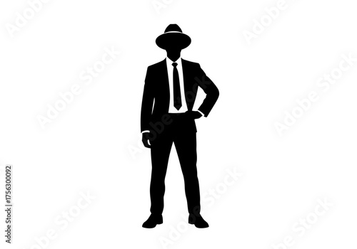 Elegant vector silhouette of a standing man wearing a classic suit and fedora hat with a confident pose