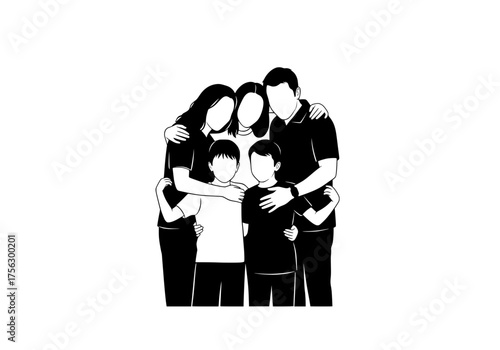Family silhouette vector graphic showing parents embracing their three children with love and togetherness