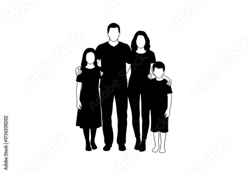 Family silhouette vector graphic of parents and two children standing together with arms around each other isolated on a white background