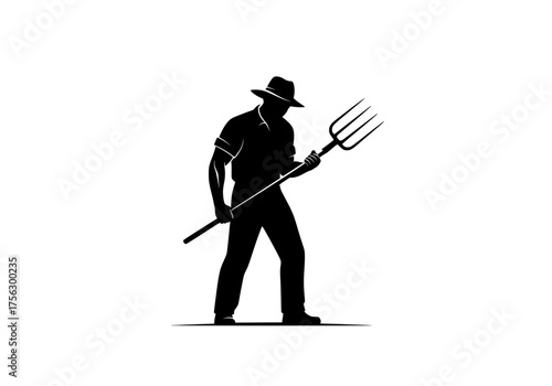 Farmer holding a pitchfork vector silhouette illustration for agricultural and farming design projects on white background