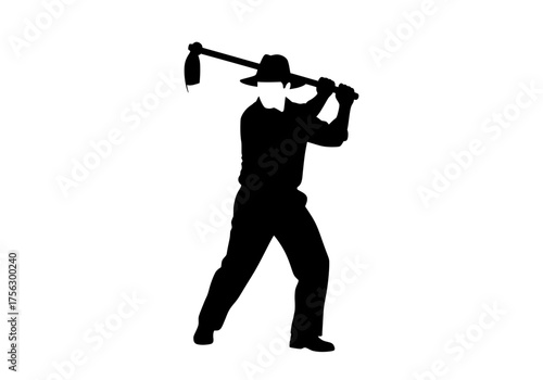 Farmer silhouette vector graphic depicting a person with a hoe engaged in agricultural labor or gardening work