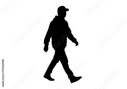 Full body walking man vector silhouette in profile wearing a hoodie and cap isolated on a clean white background for design