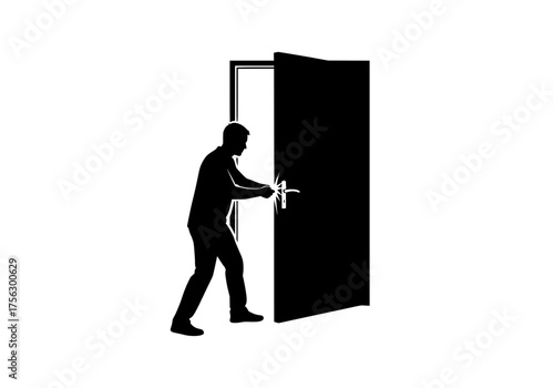 Human figure opening a door vector silhouette representing new opportunities access and future possibilities on a clean white background