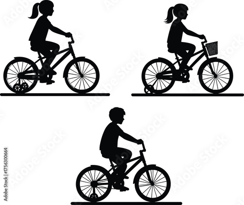 Children riding bicycle silhouette vector set, girl and boy cycling icons, black human figures, outdoor activity design, road scene graphics