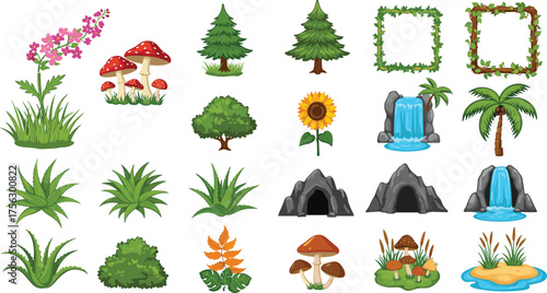 Nature cartoon vector set, trees, plants, mushrooms, waterfalls, rocks, caves, frames, island elements, colorful landscape design pack