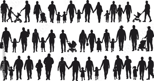 Family walking silhouettes, parents with children, strollers, father mother kids figures, diverse family activities, black people silhouettes, parenting moments vector illustration