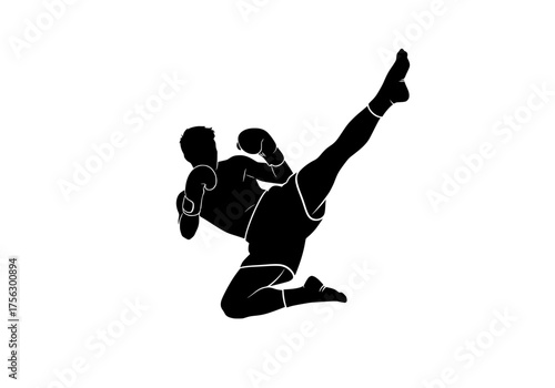 Kickboxer performing high kick vector silhouette illustration for martial arts training and combat sports design