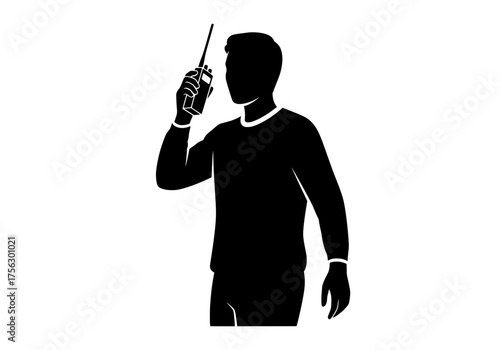 Male figure using a walkie-talkie radio vector silhouette graphic for communication and emergency services.