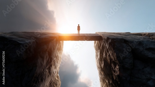 A determined businessperson walks a bridge of light across cliffs, symbolizing challenge and growth.