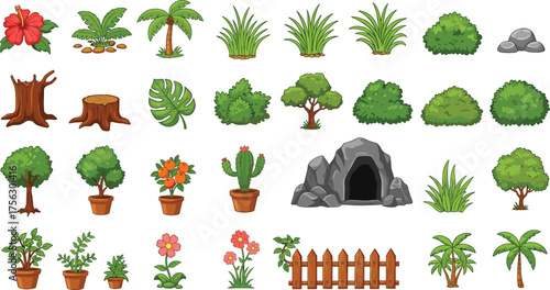 Cartoon garden element vector set, plant and tree icons, rocks, flowers, fence, potted plants, nature scene design, game assets
