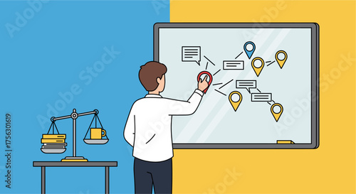 A man analyzes data and makes decisions, a metaphor for workplace stress and depression, seeking balance and solutions on a whiteboard.