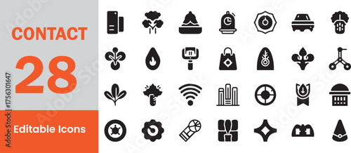 Collection of 28 black editable contact and communication icons on a light gray background