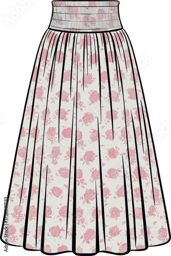Floral skirt vector illustration, gathered waistband and flared silhouette, pink flower pattern, white garment sketch, fashion design template