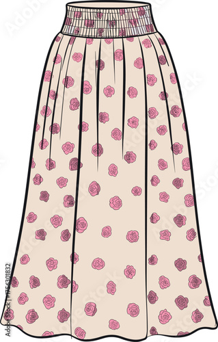 Floral skirt vector illustration, pleated flowy design, elastic waistband fashion sketch, pink and purple pattern, light beige garment template