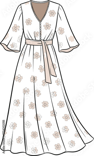 Floral dress vector illustration, V-neck sash design, flowing sleeve fashion sketch, elegant garment template, light brown flower pattern