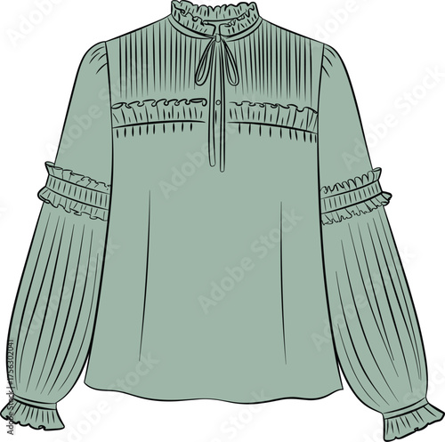 Elegant blouse vector illustration, pleated sleeves and ruffled neckline, fashion design element, garment sketch, light green clothing template