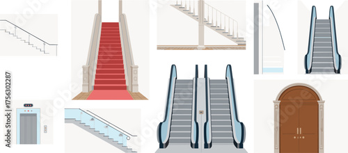 Modern staircase, escalator, and elevator vector illustration collection showing architectural interior elements and building design concepts for urban construction and transportation themes