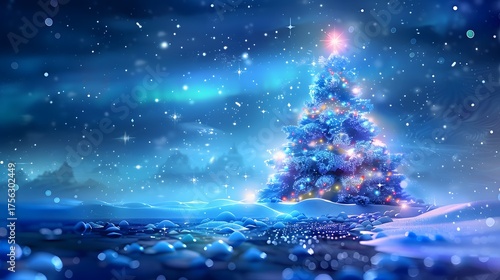 Christmas tree with lights and snowflakes on a blue winter night sky
