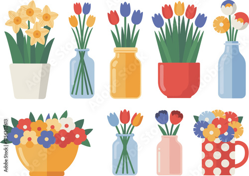 Colorful spring flower bouquet collection in decorative vases and pots, flat vector illustration of floral arrangements for home decor and design projects