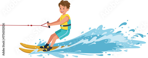 Happy young boy water skiing on lake, enjoying summer vacation, wearing life jacket, splashing water, active lifestyle, fun water sports for kids