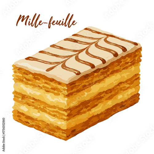 mille-feuille in watercolor illustration style, isolated vector on white background