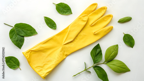 yellow rubber glove flat lay white background 