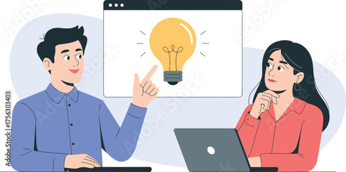 Team brainstorming session inspires new ideas with lightbulb concept presentation illustration