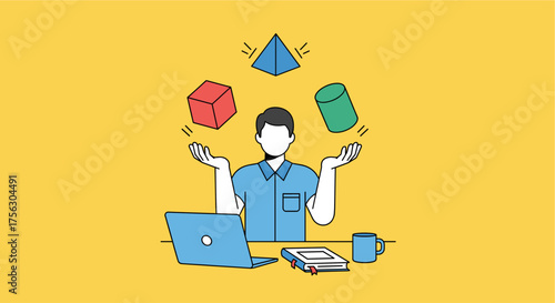 An illustration depicts a person juggling work-related objects, symbolizing the challenges of managing various responsibilities and potential workplace stress.